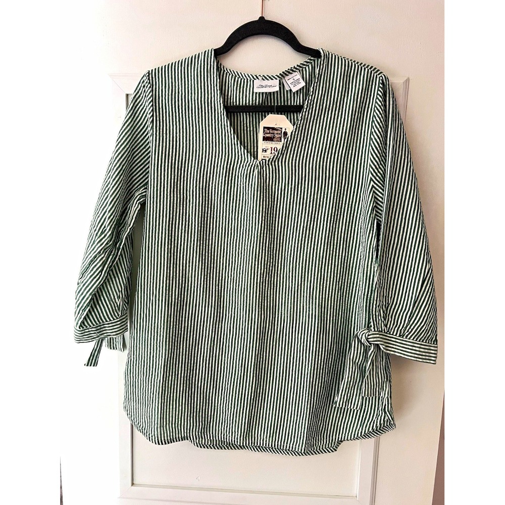 Vermont Country Store Women’s S Green/White Striped Seersucker V-Neck Blouse Top